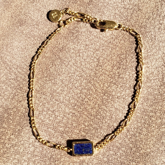 RARE Dainty Gold & Rectangle Blue Lapis Lazuli Chain Bracelet - Picture 4 of 14